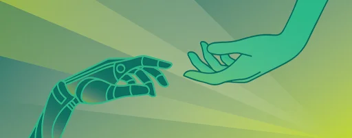 AI generated image showing a robot and human hand reaching toward one another