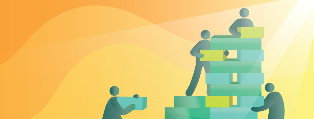 Graphic showing multiple people stacking blocks