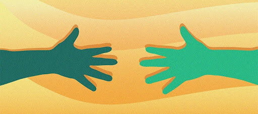 Graphic showing two hands reaching towarsd one another